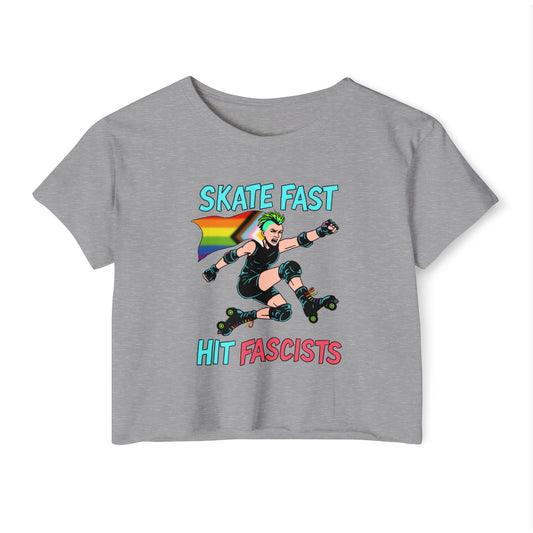 Crop Top - Punk Rebel Skater - Skate Fast Hit Fascists - Progressive Pride Flag