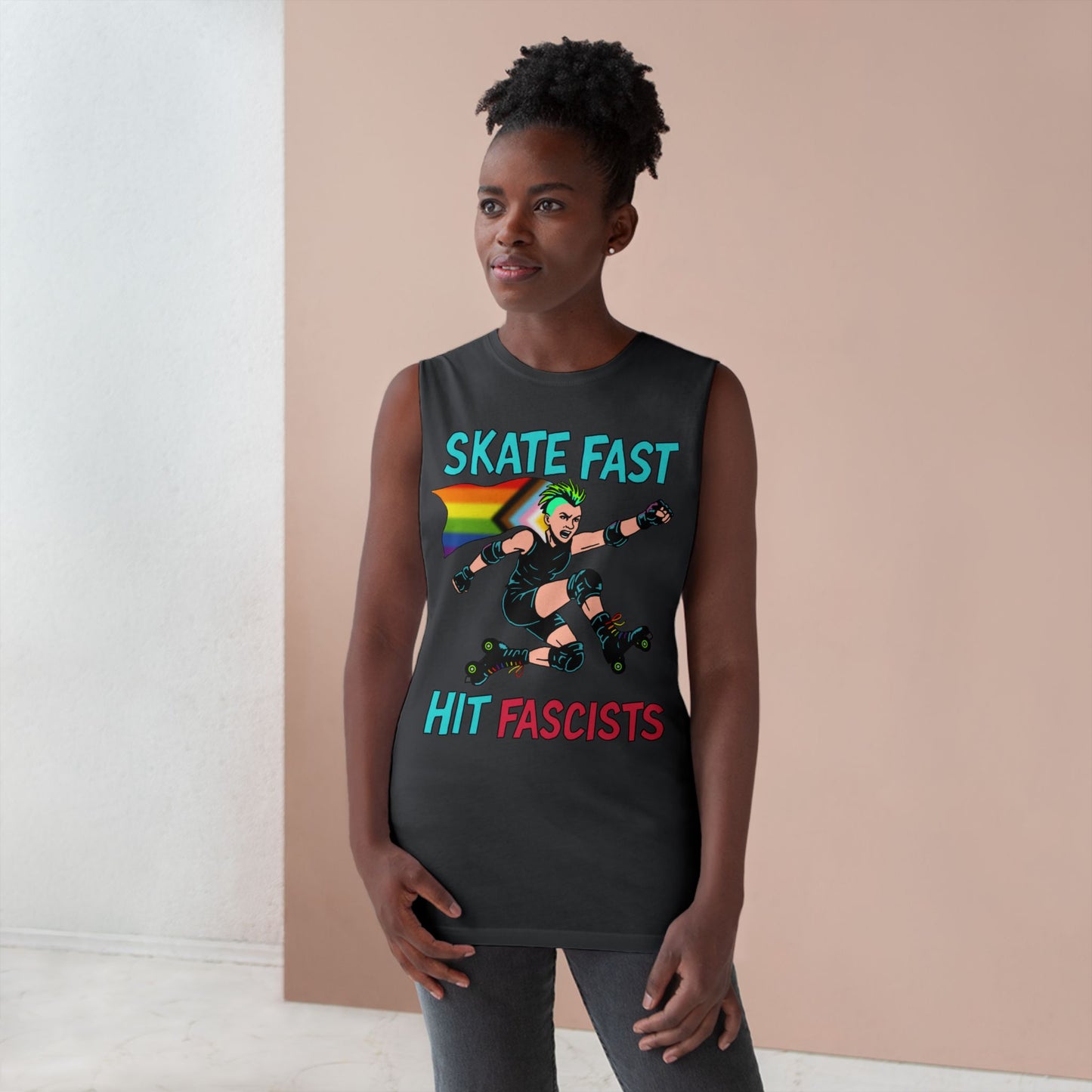 Tank Top - Skate Fast Hit Fascists - Punk Skater with Progressive Pride Flag Cape