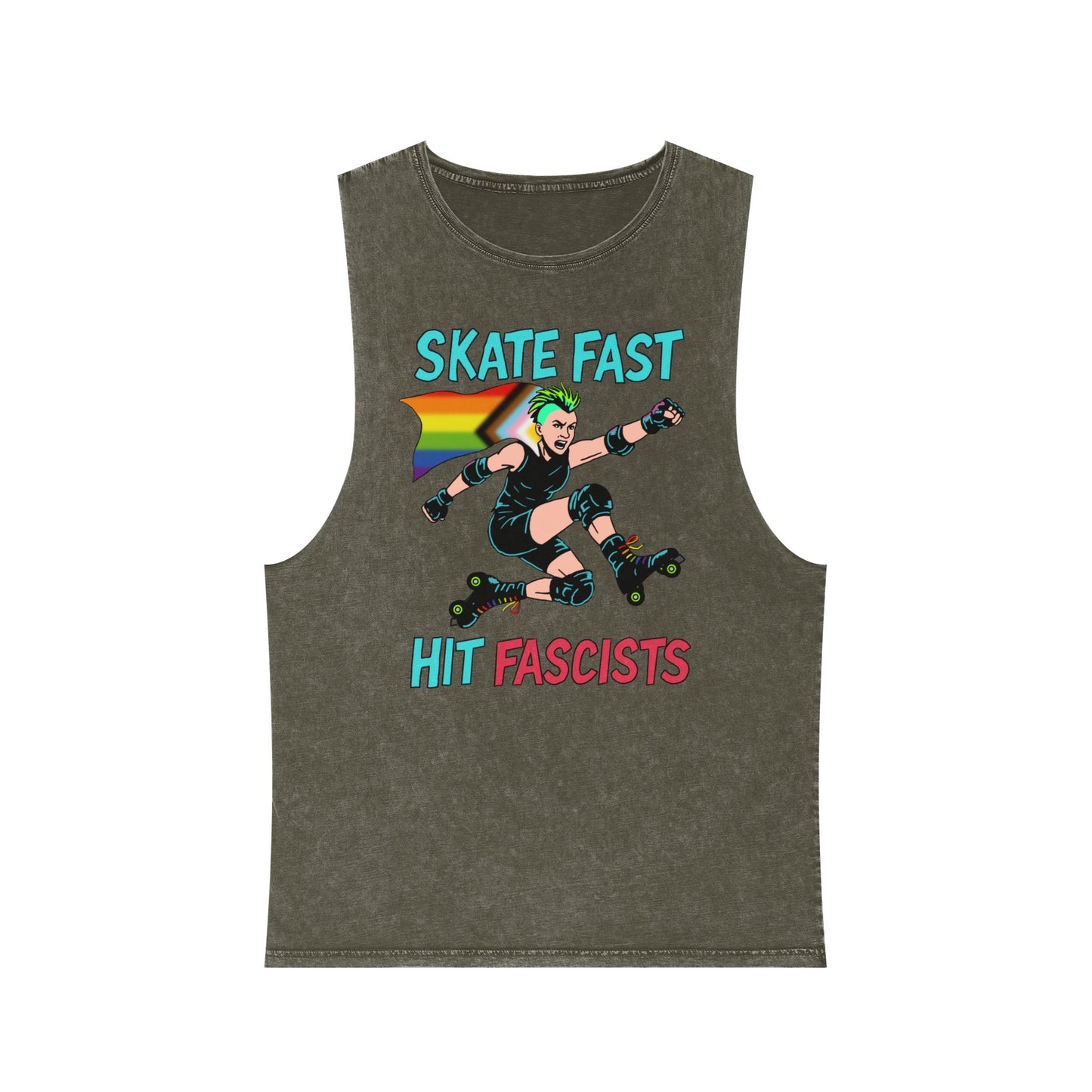 Unisex Stonewash Tank Top - Skate Fast Hit Fascists, Roller Skating Apparel, LGBTQ Pride Wear, Casual Summer Top, Protest Shirt