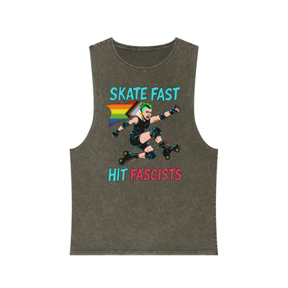 Unisex Stonewash Tank Top - Skate Fast Hit Fascists, Roller Skating Apparel, LGBTQ Pride Wear, Casual Summer Top, Protest Shirt