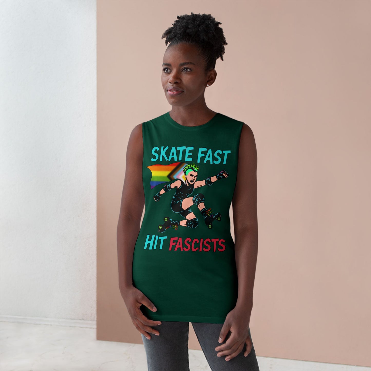 Tank Top - Skate Fast Hit Fascists - Punk Skater with Progressive Pride Flag Cape