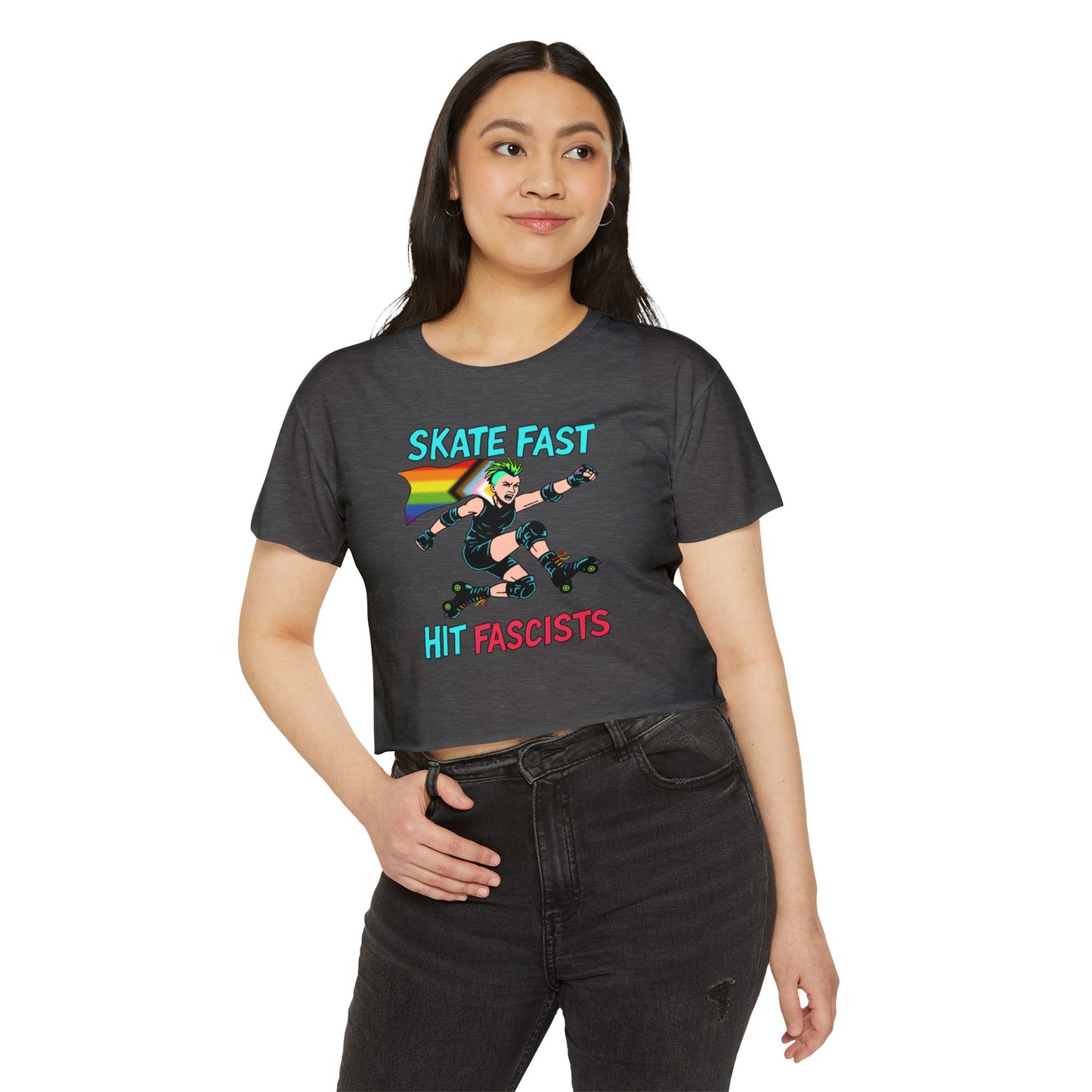 Crop Top - Punk Rebel Skater - Skate Fast Hit Fascists - Progressive Pride Flag