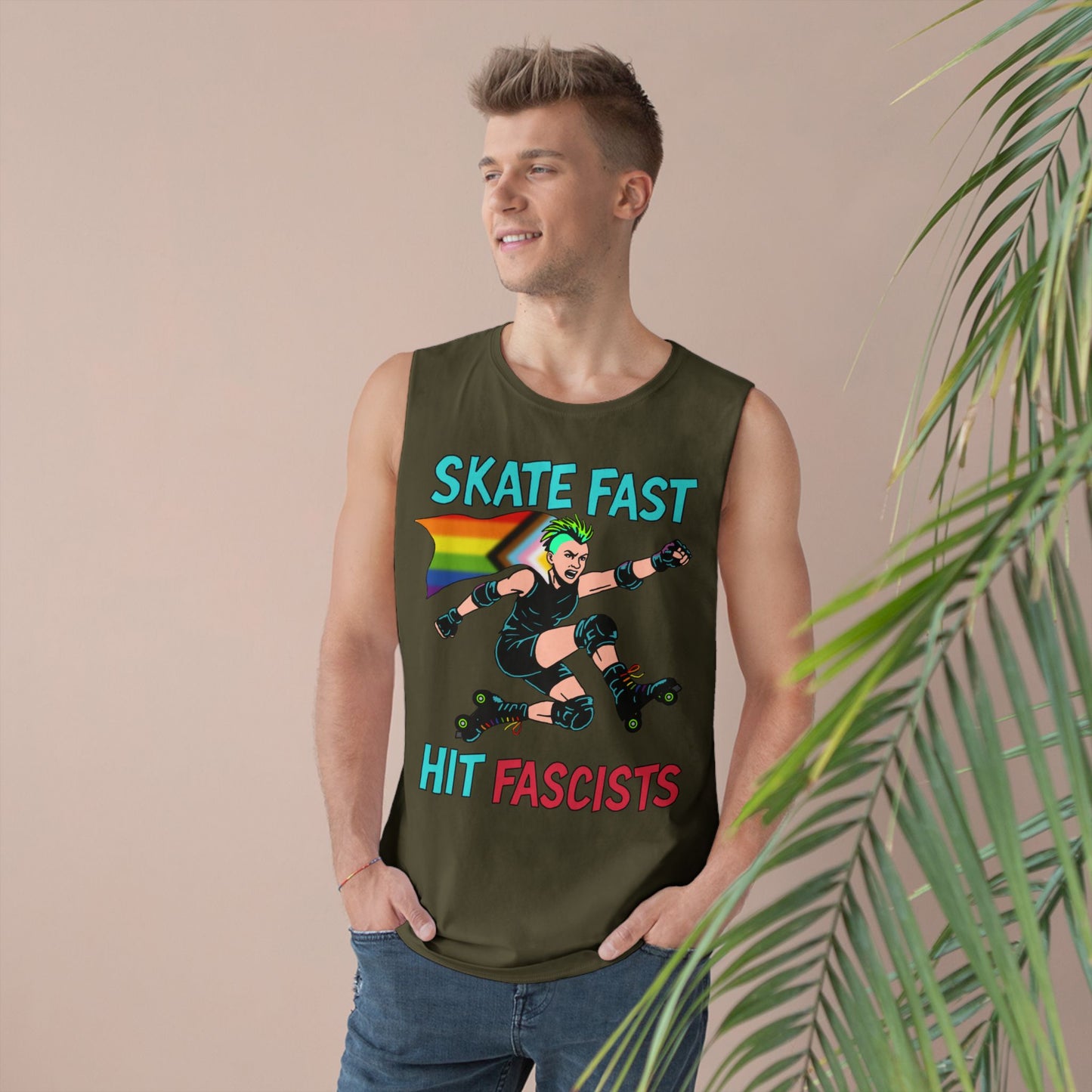 Tank Top - Skate Fast Hit Fascists - Punk Skater with Progressive Pride Flag Cape