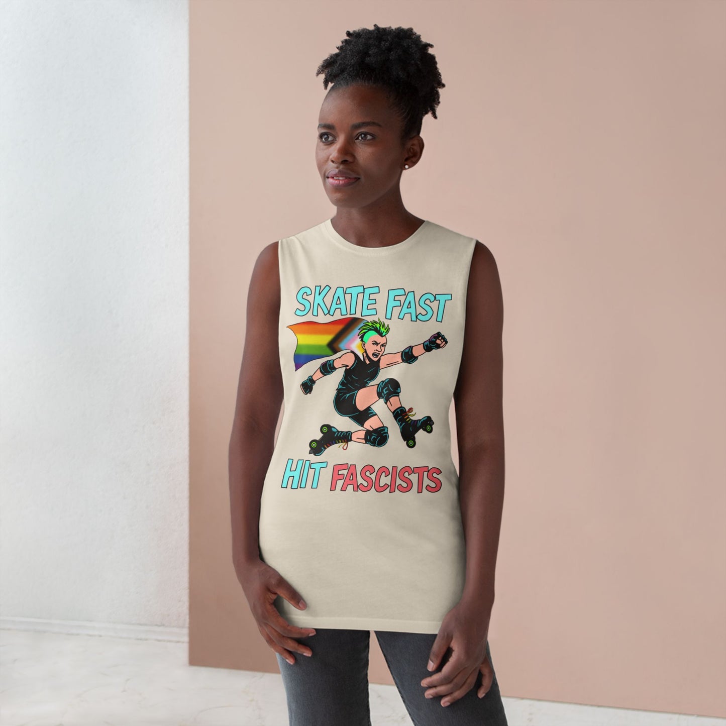 Tank Top - Skate Fast Hit Fascists - Punk Skater with Progressive Pride Flag Cape