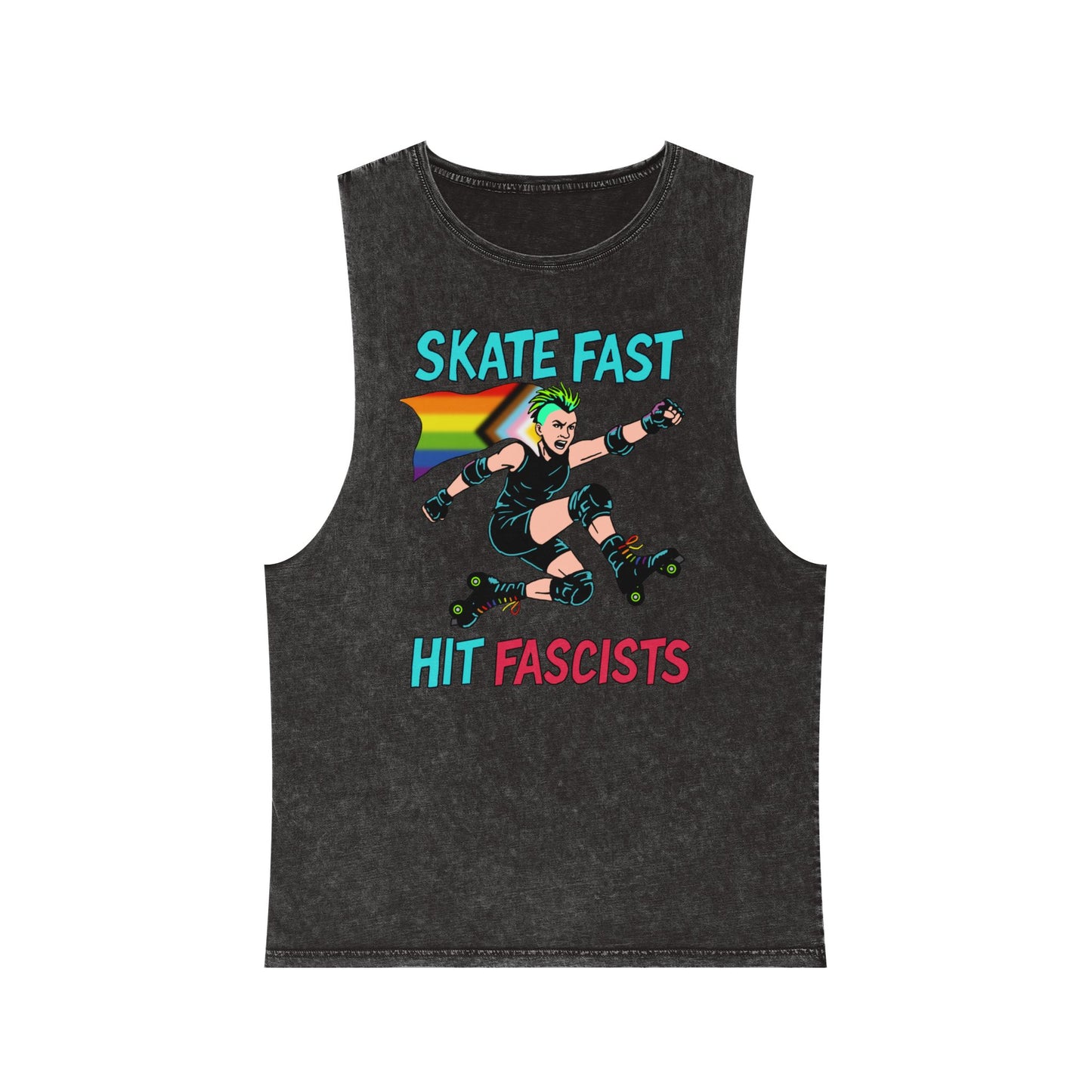 Unisex Stonewash Tank Top - Skate Fast Hit Fascists, Roller Skating Apparel, LGBTQ Pride Wear, Casual Summer Top, Protest Shirt