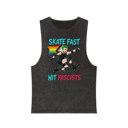 Unisex Stonewash Tank Top - Skate Fast Hit Fascists, Roller Skating Apparel, LGBTQ Pride Wear, Casual Summer Top, Protest Shirt