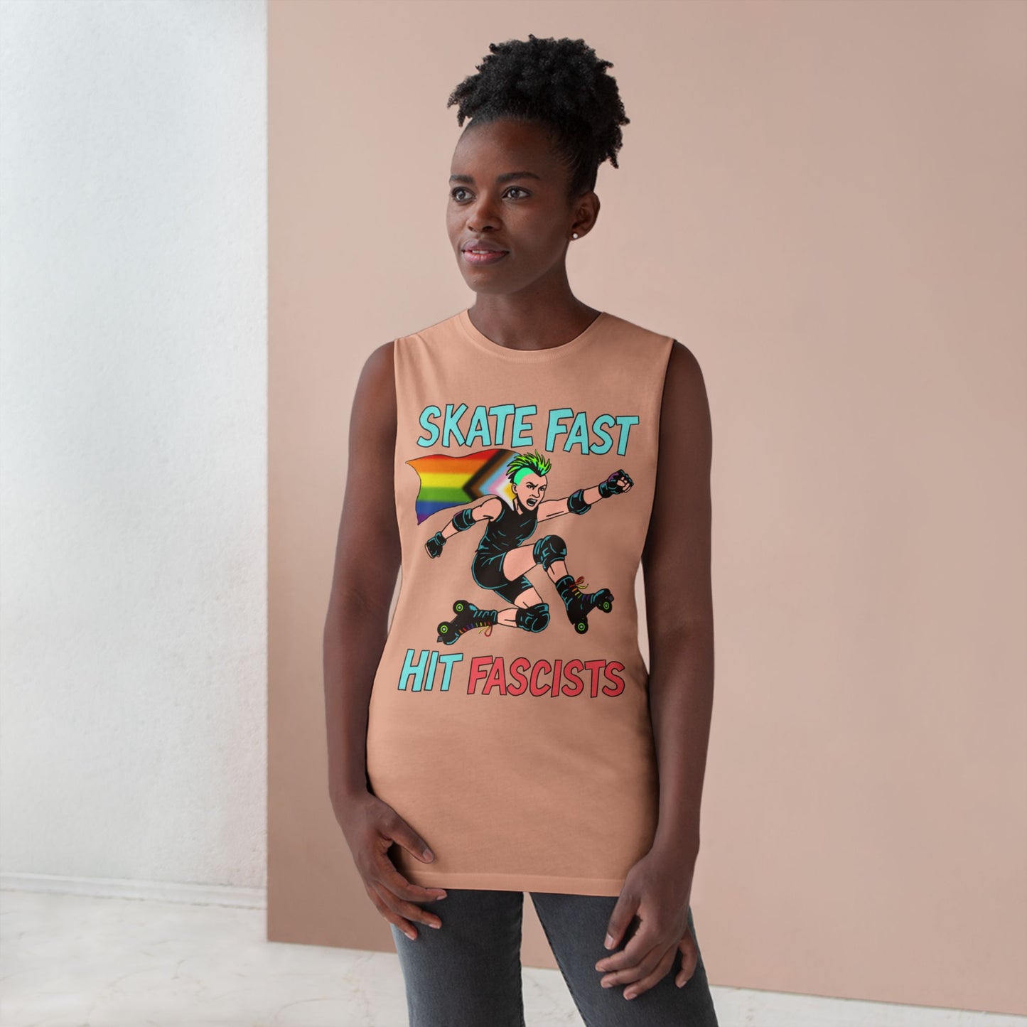 Tank Top - Skate Fast Hit Fascists - Punk Skater with Progressive Pride Flag Cape