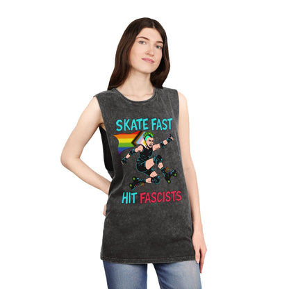 Unisex Stonewash Tank Top - Skate Fast Hit Fascists, Roller Skating Apparel, LGBTQ Pride Wear, Casual Summer Top, Protest Shirt