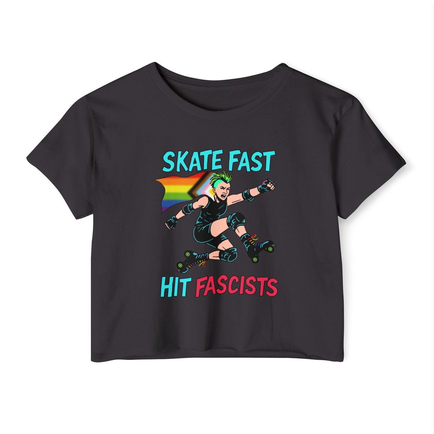 Crop Top - Punk Rebel Skater - Skate Fast Hit Fascists - Progressive Pride Flag