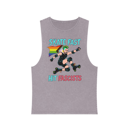 Unisex Stonewash Tank Top - Skate Fast Hit Fascists, Roller Skating Apparel, LGBTQ Pride Wear, Casual Summer Top, Protest Shirt