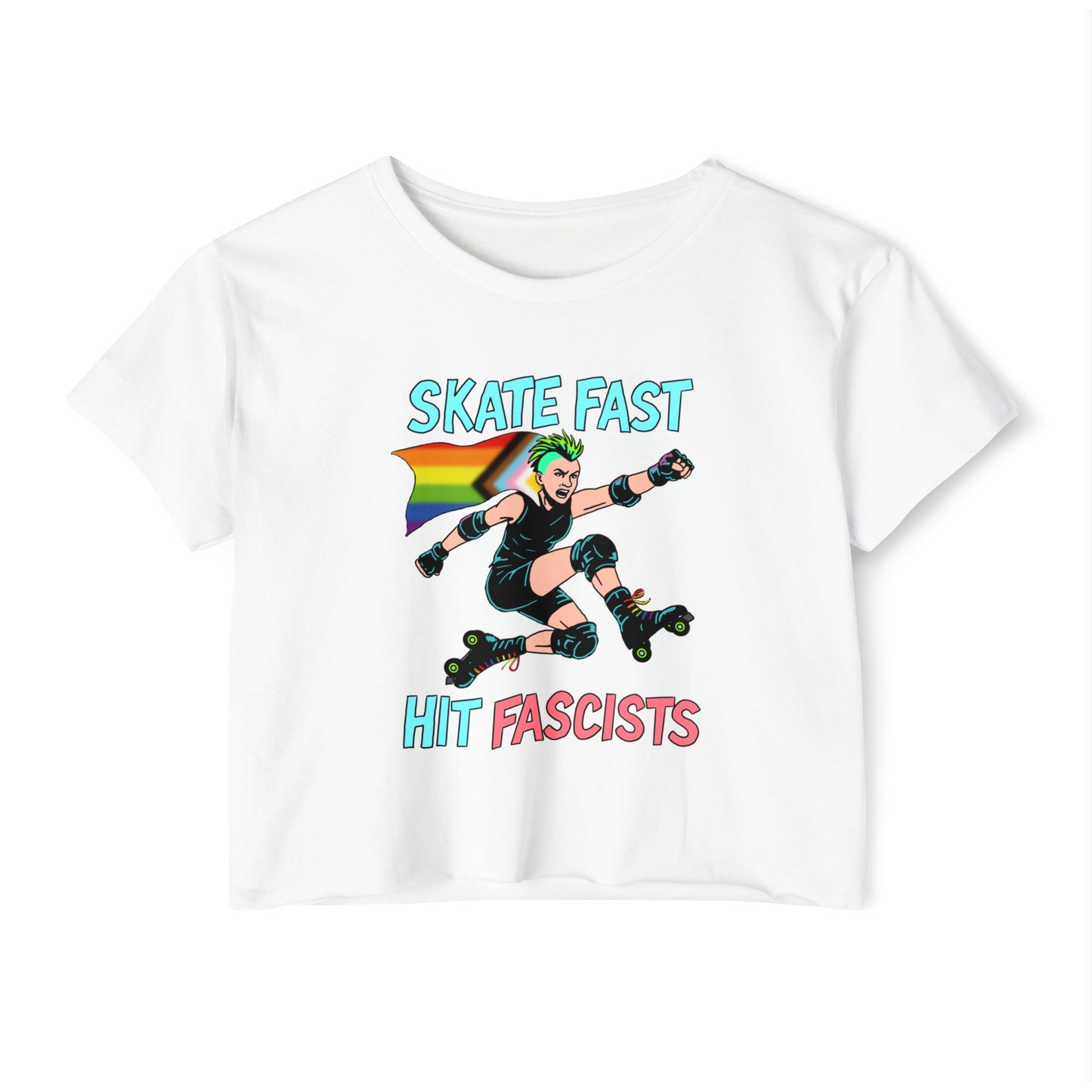 Crop Top - Punk Rebel Skater - Skate Fast Hit Fascists - Progressive Pride Flag