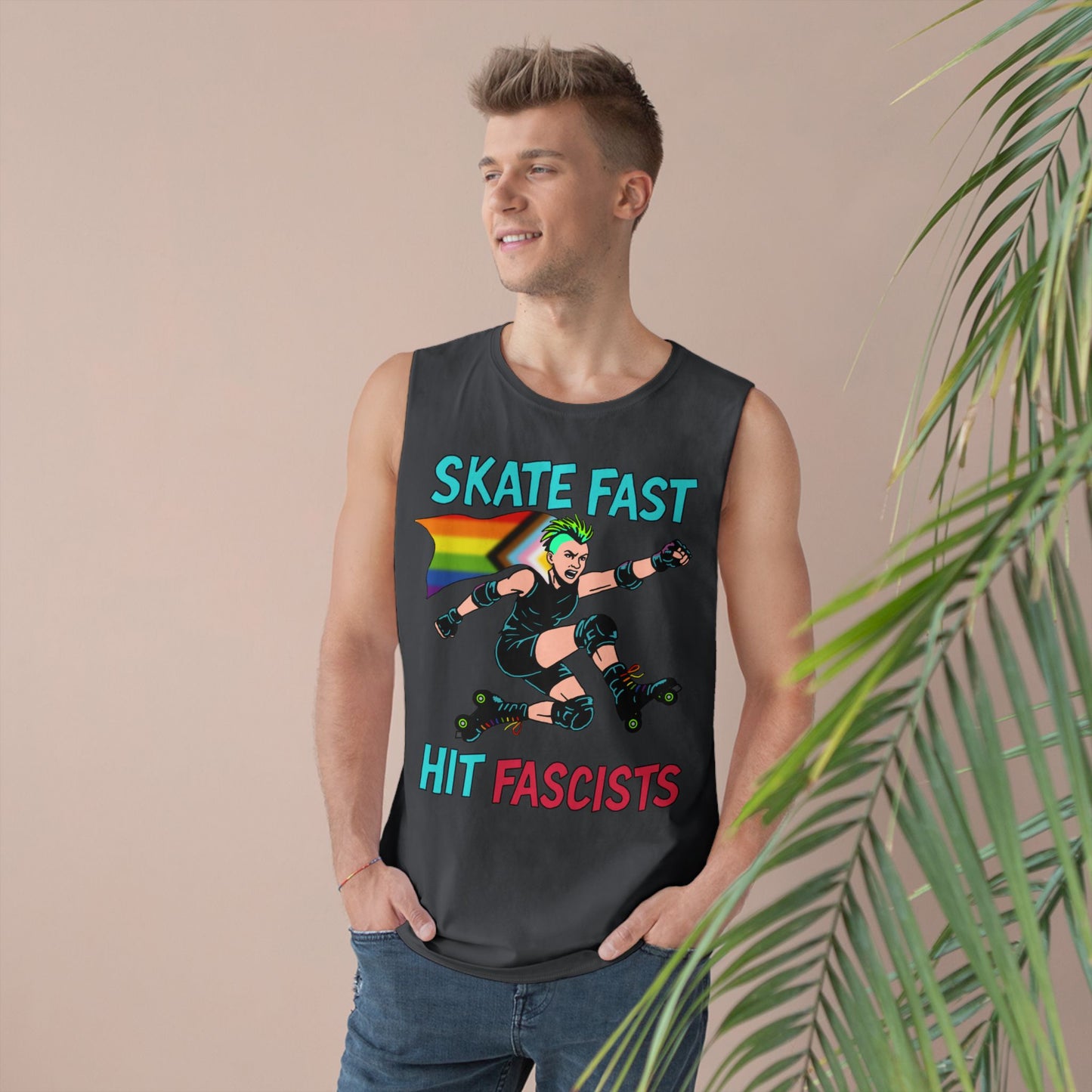 Tank Top - Skate Fast Hit Fascists - Punk Skater with Progressive Pride Flag Cape
