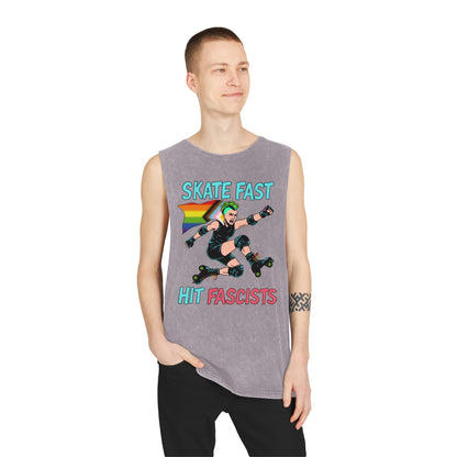 Unisex Stonewash Tank Top - Skate Fast Hit Fascists, Roller Skating Apparel, LGBTQ Pride Wear, Casual Summer Top, Protest Shirt