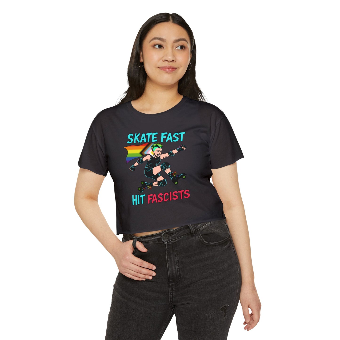 Crop Top - Punk Rebel Skater - Skate Fast Hit Fascists - Progressive Pride Flag