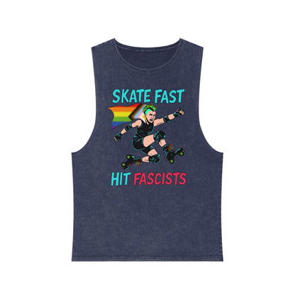 Unisex Stonewash Tank Top - Skate Fast Hit Fascists, Roller Skating Apparel, LGBTQ Pride Wear, Casual Summer Top, Protest Shirt