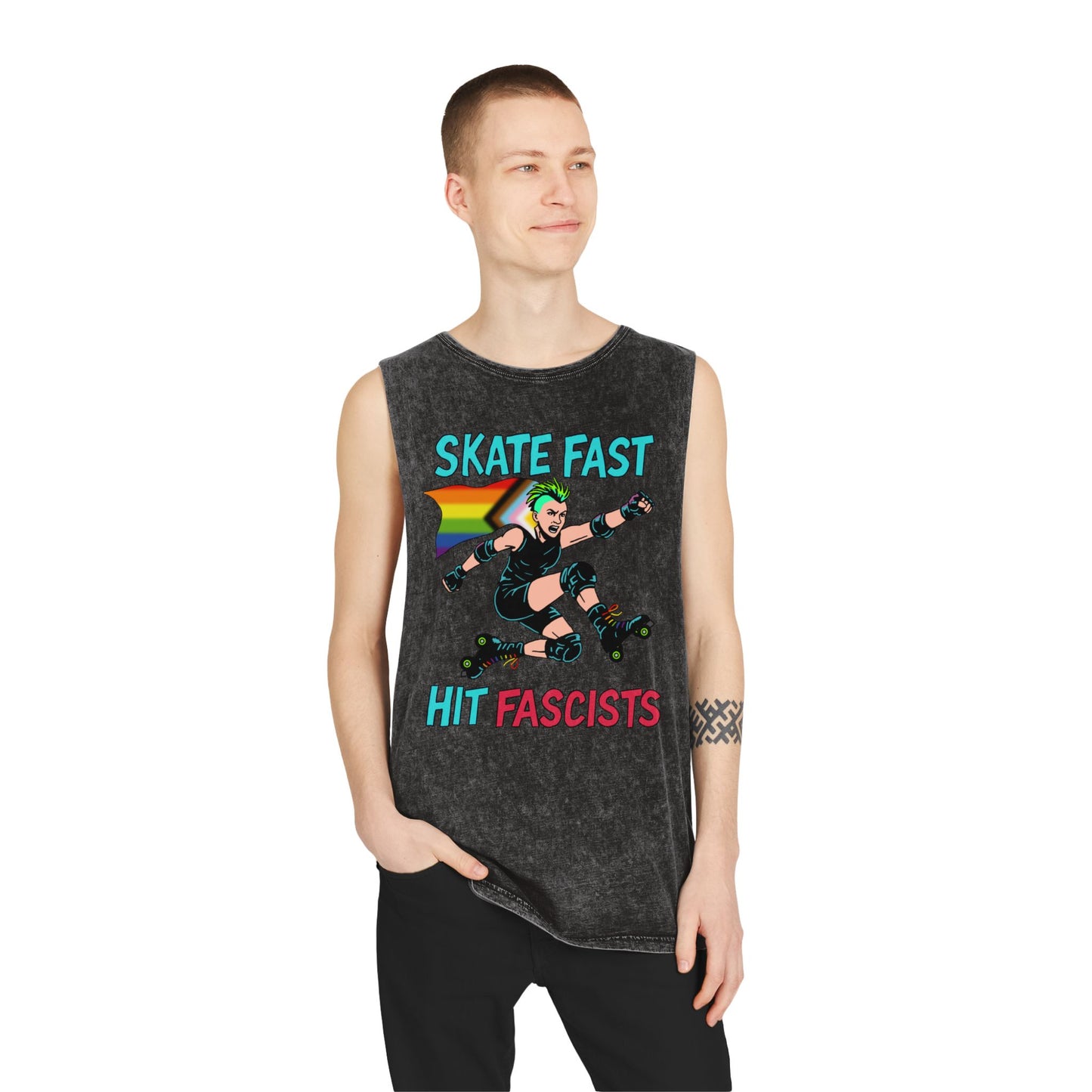 Unisex Stonewash Tank Top - Skate Fast Hit Fascists, Roller Skating Apparel, LGBTQ Pride Wear, Casual Summer Top, Protest Shirt