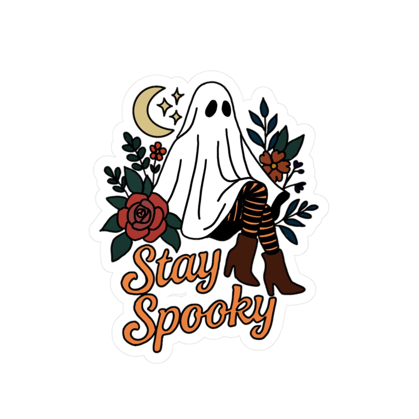 Decal - Ghost with Fall Boots and Flowers Stay Spooky Halloween Vinyl Sticker