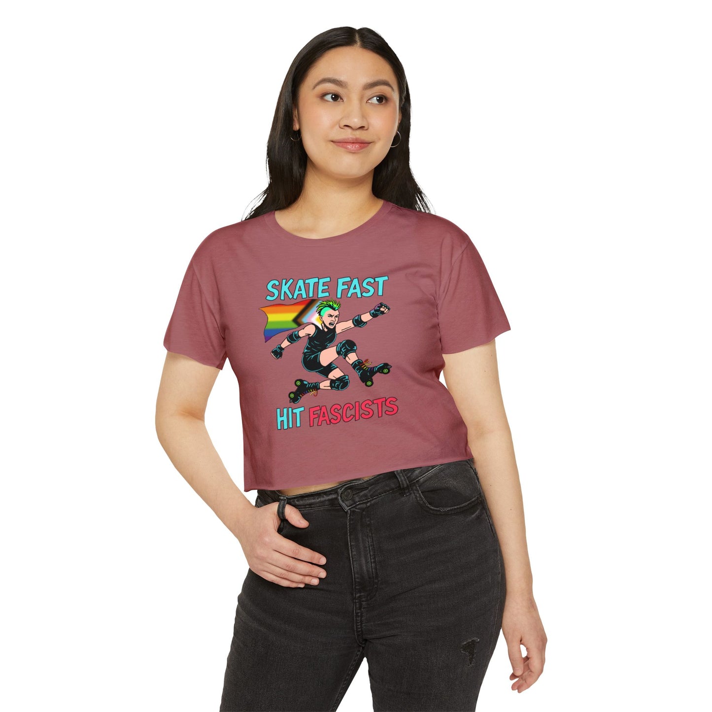 Crop Top - Punk Rebel Skater - Skate Fast Hit Fascists - Progressive Pride Flag