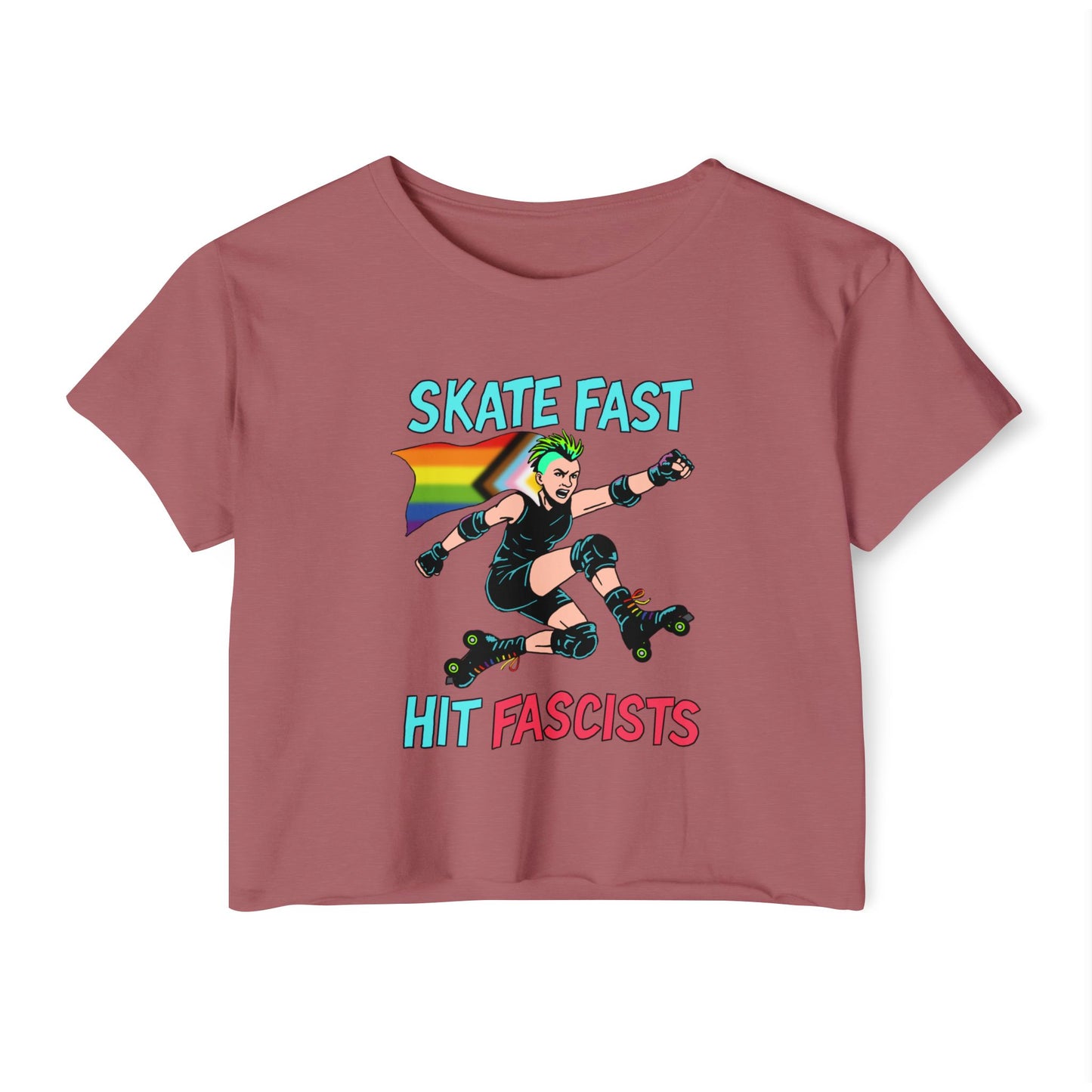 Crop Top - Punk Rebel Skater - Skate Fast Hit Fascists - Progressive Pride Flag