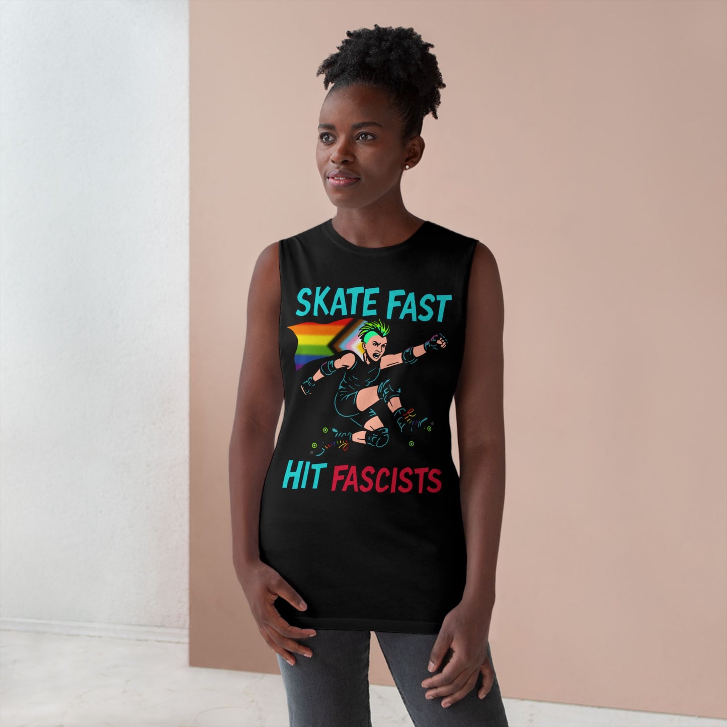Tank Top - Skate Fast Hit Fascists - Punk Skater with Progressive Pride Flag Cape