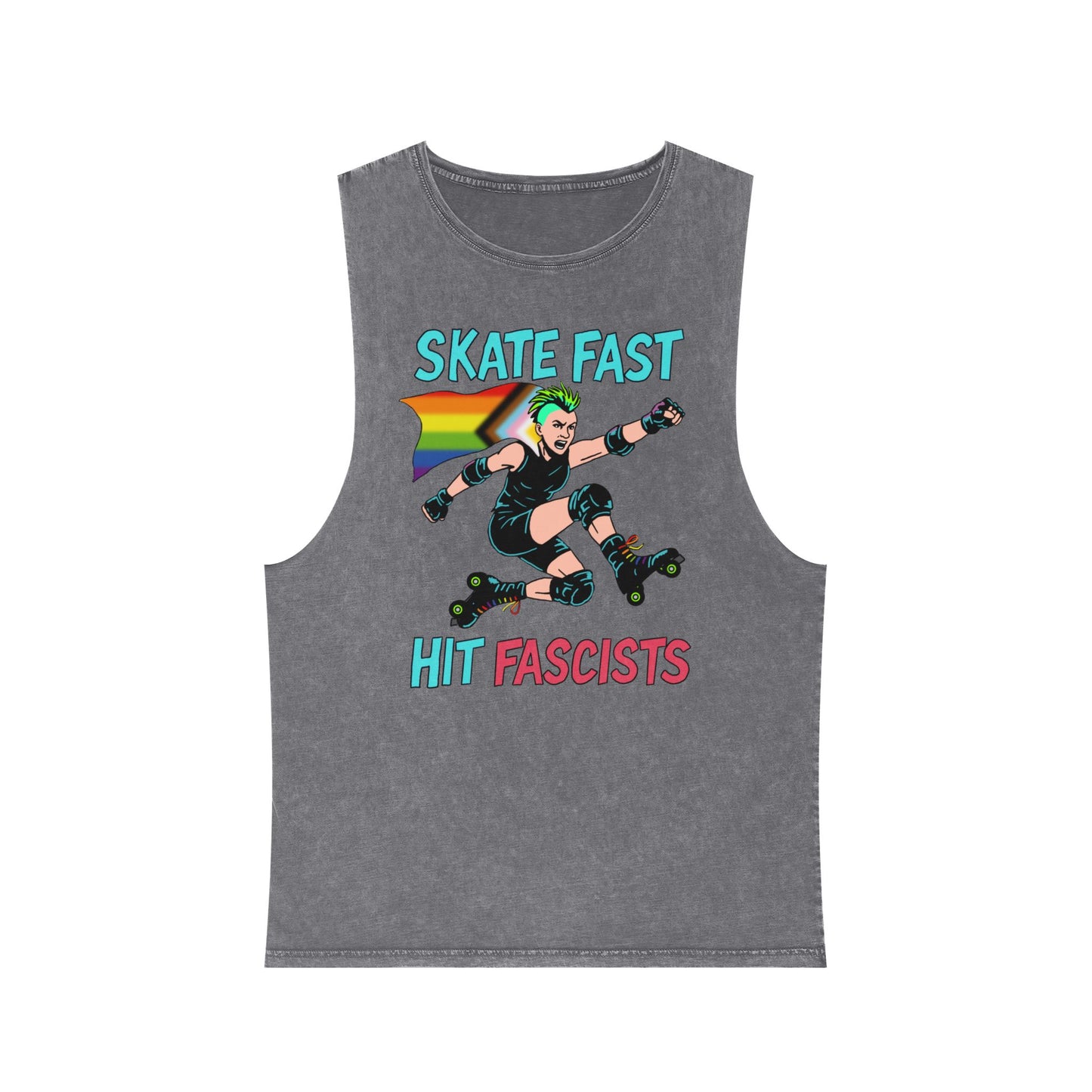 Unisex Stonewash Tank Top - Skate Fast Hit Fascists, Roller Skating Apparel, LGBTQ Pride Wear, Casual Summer Top, Protest Shirt