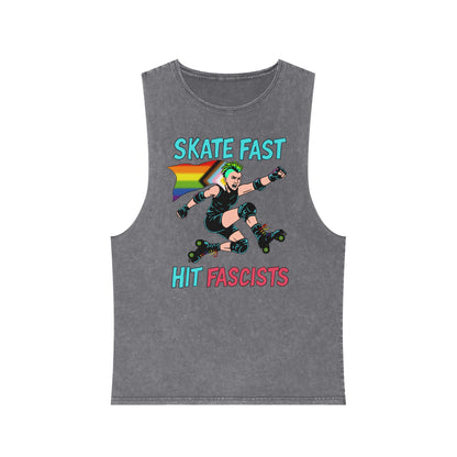 Unisex Stonewash Tank Top - Skate Fast Hit Fascists, Roller Skating Apparel, LGBTQ Pride Wear, Casual Summer Top, Protest Shirt
