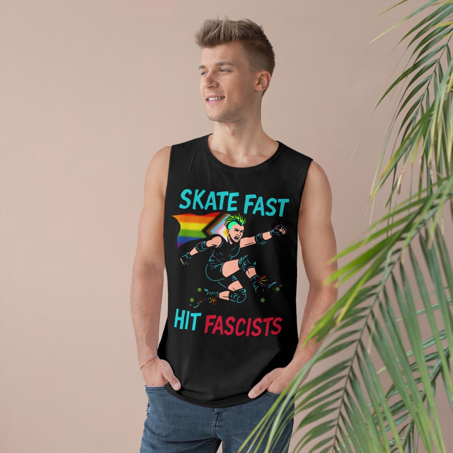 Tank Top - Skate Fast Hit Fascists - Punk Skater with Progressive Pride Flag Cape
