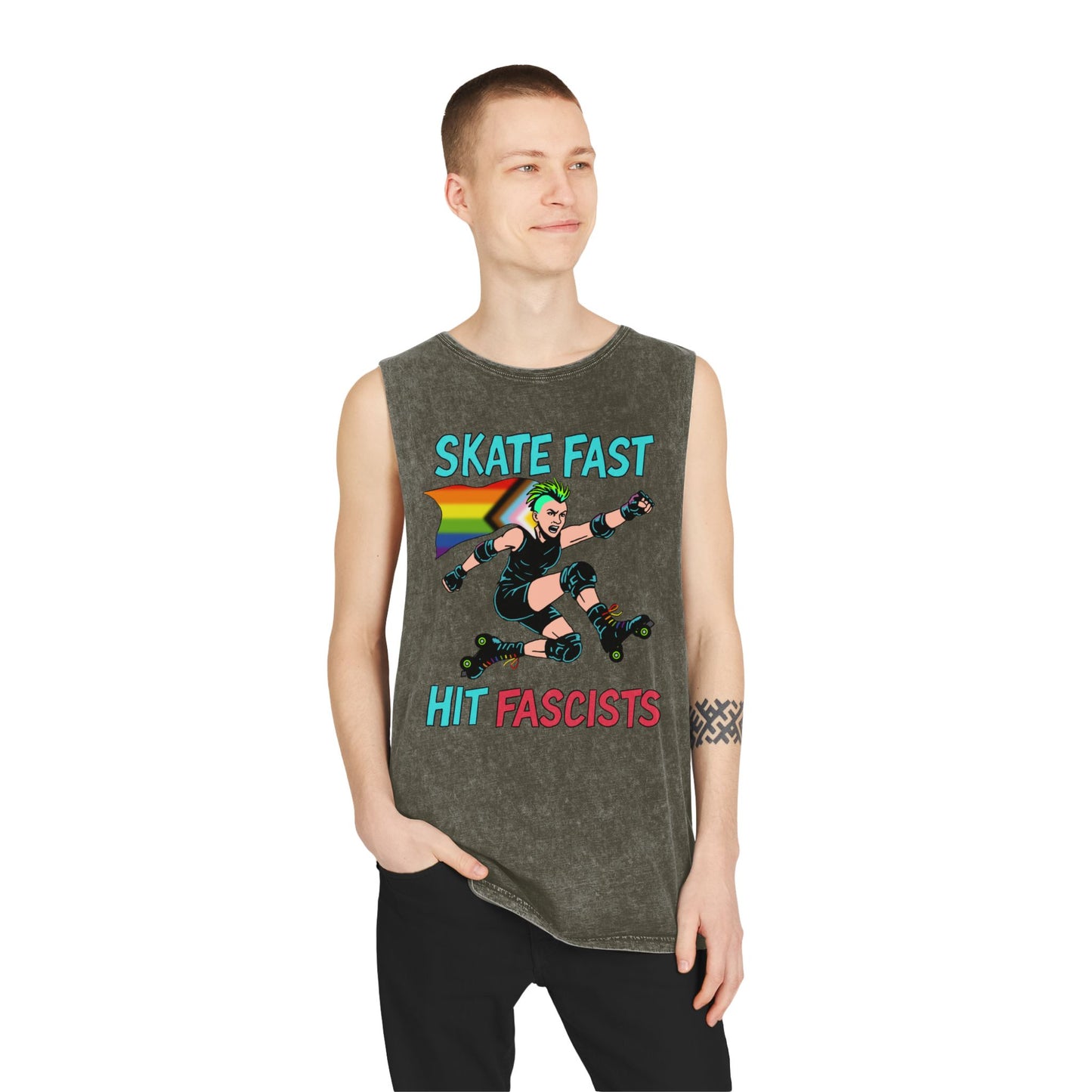 Unisex Stonewash Tank Top - Skate Fast Hit Fascists, Roller Skating Apparel, LGBTQ Pride Wear, Casual Summer Top, Protest Shirt