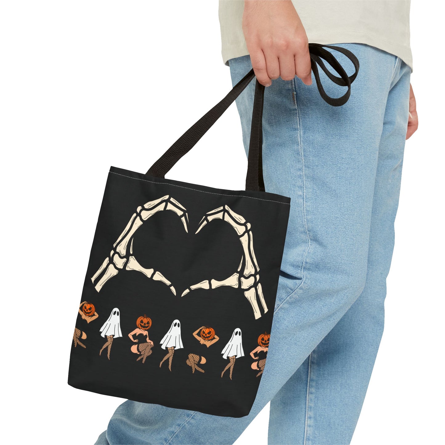 Halloween Skeleton Love Tote Bag, Spooky Tote, Ghost and Pumpkin Bag, Trick or Treat, Fall Fashion Accessory