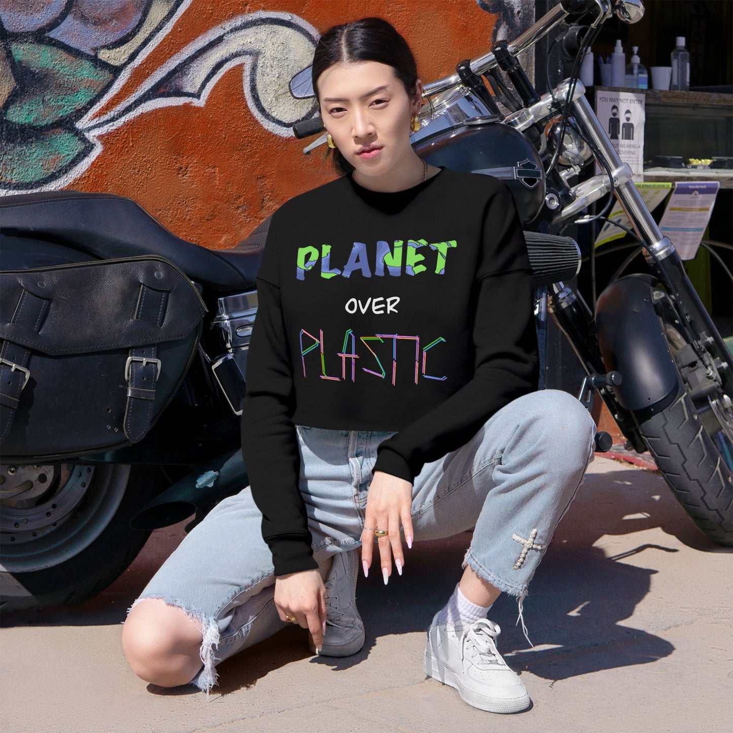 Planet Over Plastic Cropped Sweatshirt, Eco-Friendly Fashion, Sustainable Lifestyle, Casual Wear, Gift for Earth Lovers, Women's Apparel