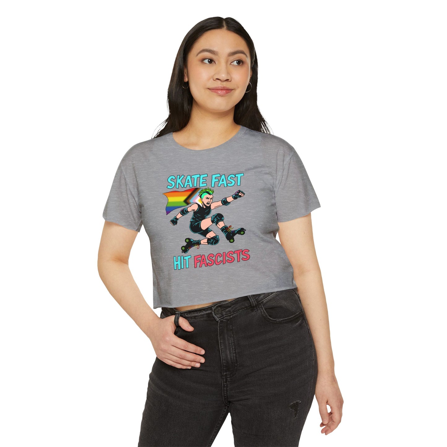 Crop Top - Punk Rebel Skater - Skate Fast Hit Fascists - Progressive Pride Flag