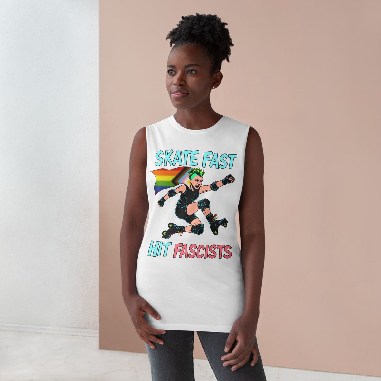 Tank Top - Skate Fast Hit Fascists - Punk Skater with Progressive Pride Flag Cape