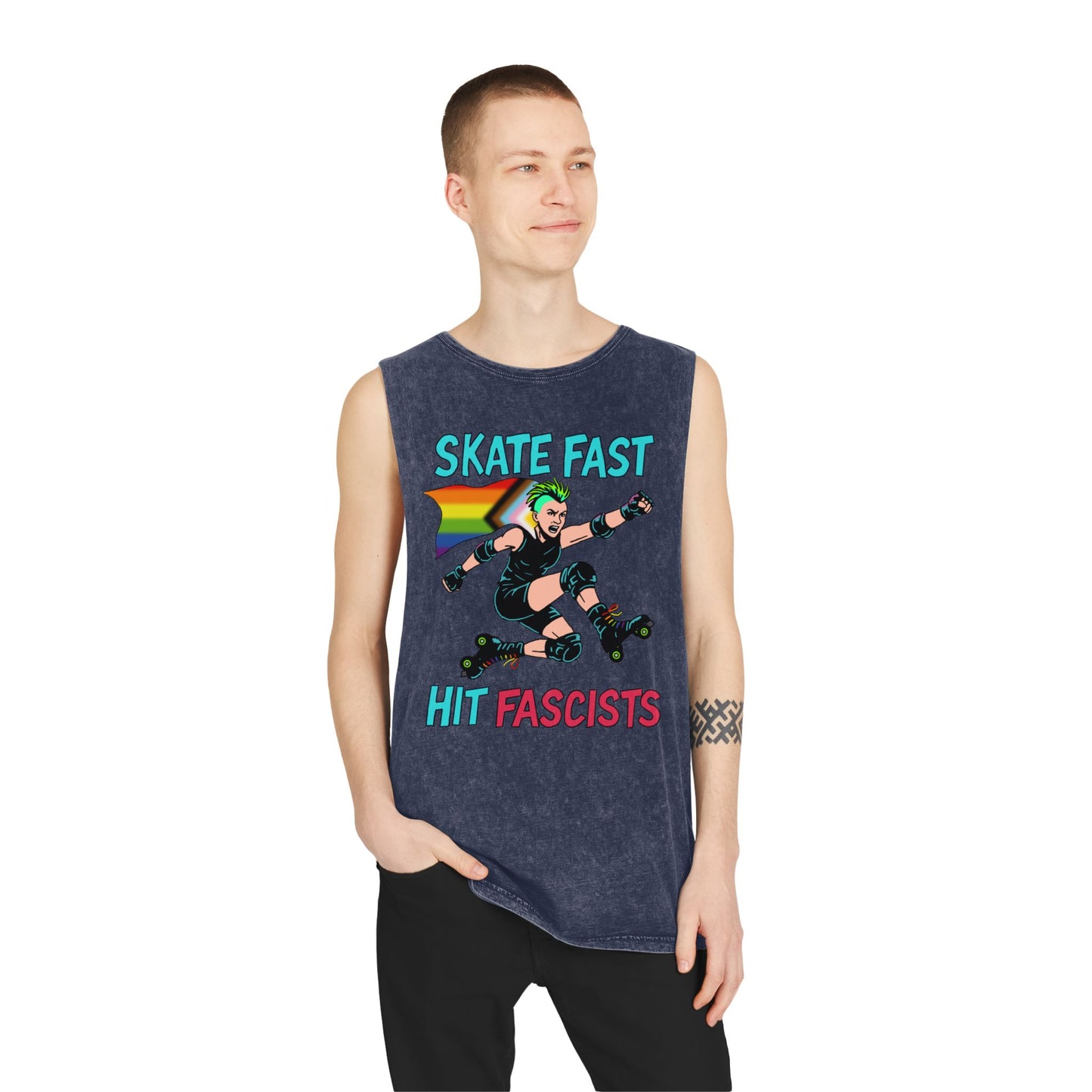 Unisex Stonewash Tank Top - Skate Fast Hit Fascists, Roller Skating Apparel, LGBTQ Pride Wear, Casual Summer Top, Protest Shirt