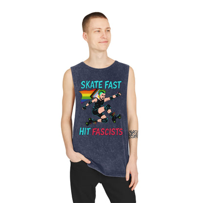Unisex Stonewash Tank Top - Skate Fast Hit Fascists, Roller Skating Apparel, LGBTQ Pride Wear, Casual Summer Top, Protest Shirt