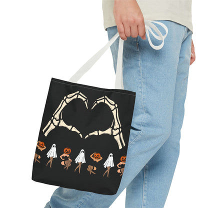 Halloween Skeleton Love Tote Bag, Spooky Tote, Ghost and Pumpkin Bag, Trick or Treat, Fall Fashion Accessory