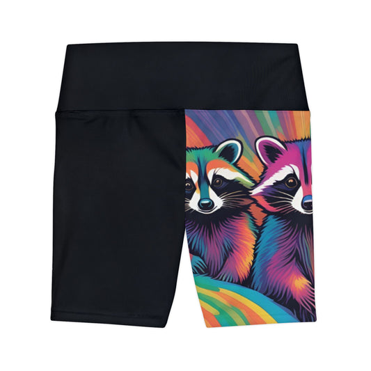 Vibrant Raccoon Workout Shorts, Colorful Activewear, Fitness Gear for Women, Gym Shorts, Unique Summer Clothing, Eco-Friendly Exercise Wear