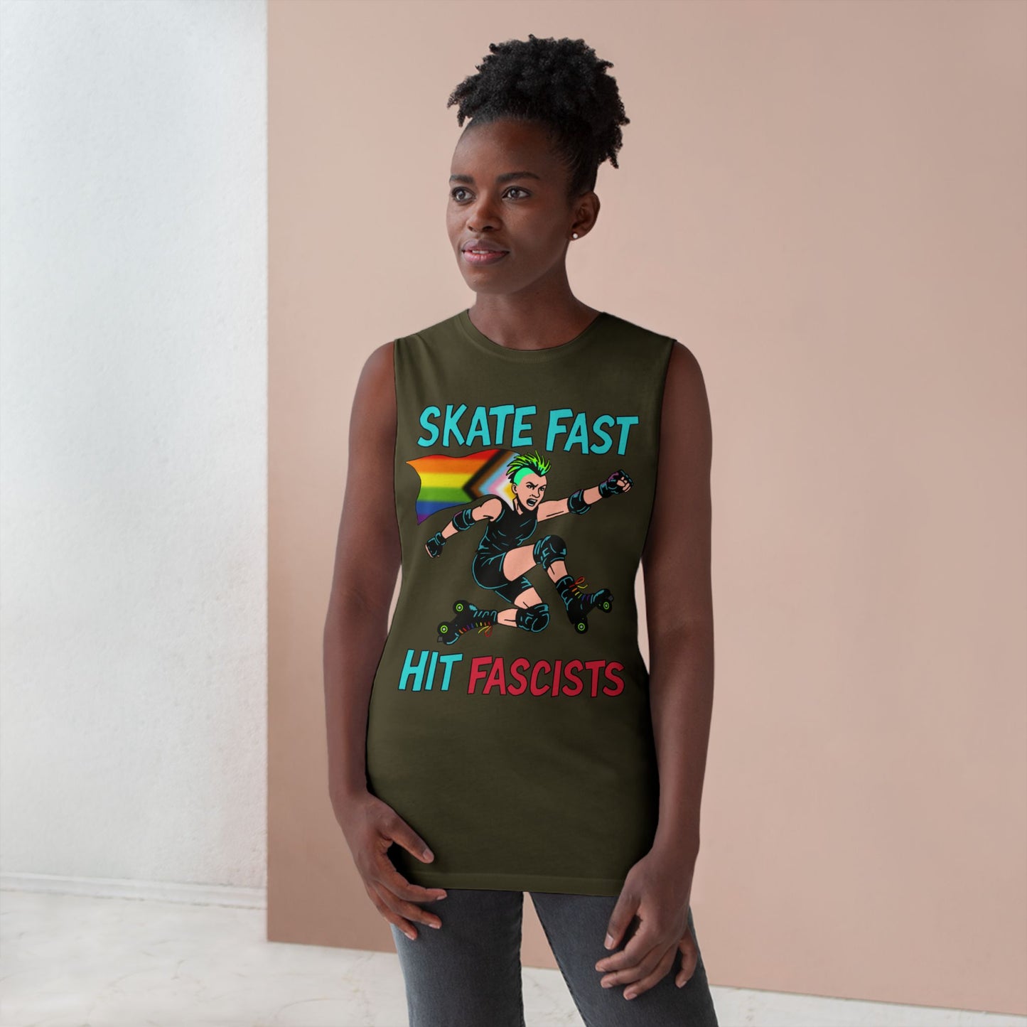 Tank Top - Skate Fast Hit Fascists - Punk Skater with Progressive Pride Flag Cape