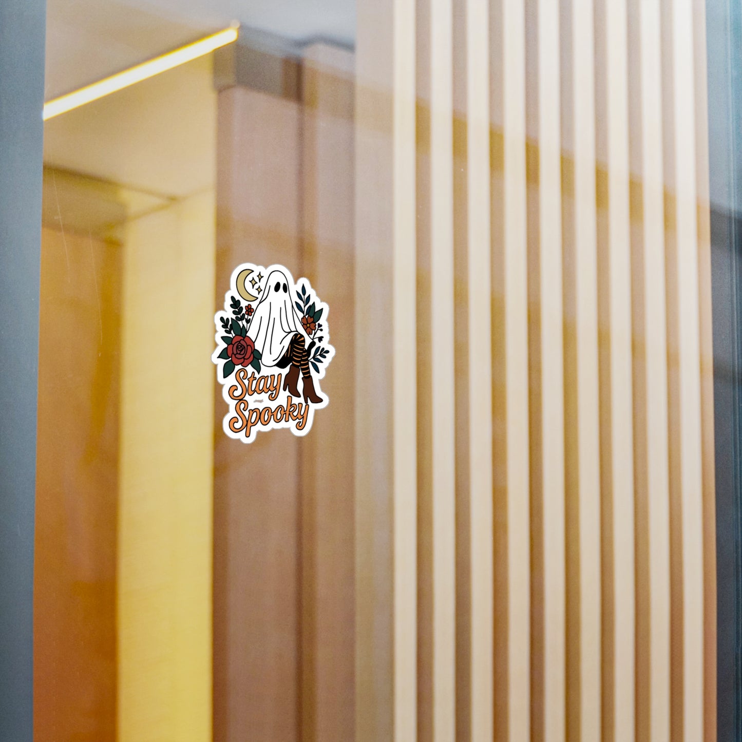 Decal - Ghost with Fall Boots and Flowers Stay Spooky Halloween Vinyl Sticker