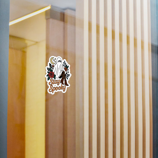 Decal - Ghost with Fall Boots and Flowers Stay Spooky Halloween Vinyl Sticker