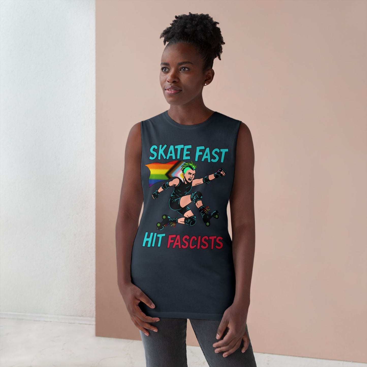 Tank Top - Skate Fast Hit Fascists - Punk Skater with Progressive Pride Flag Cape